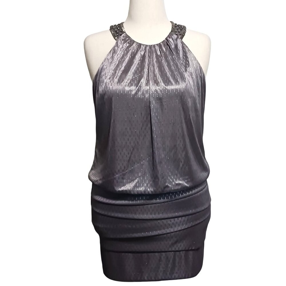 NEW Xscape Beaded High Neck Embellished‎ Party Dress Gunmetal Gray/Silver 10
